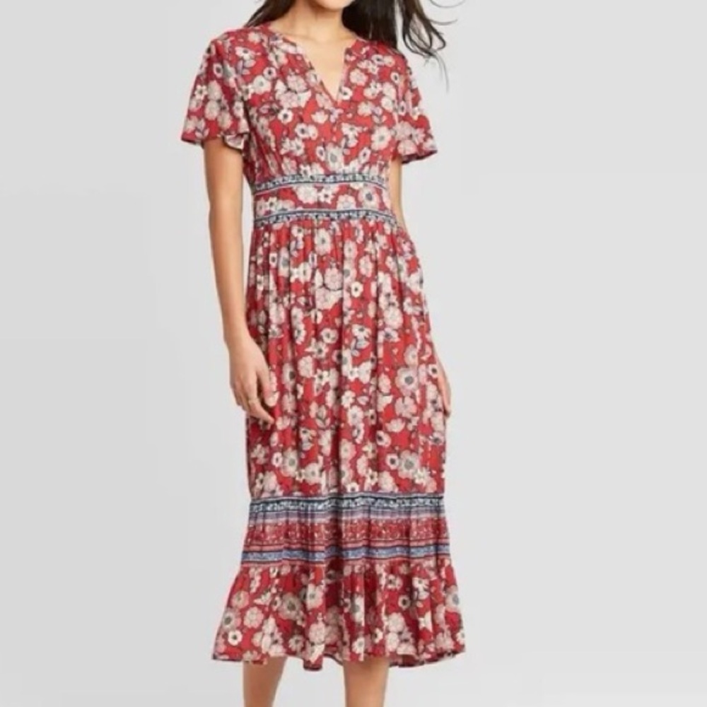 Knox Rose Red Boho Chic Floral Midi Dress Romantic Cottagecore XS